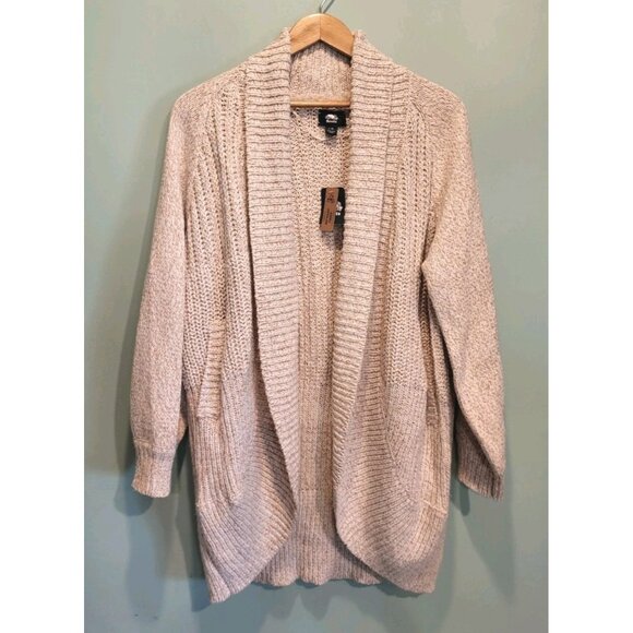 New Roots Beige Chunky Knit Mid Length Open Cocoon Cardigan Sweater Pockets Sz L - Picture 1 of 9